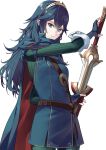  1girl ameno_(a_meno0) armor belt blue_cape blue_eyes blue_gloves blue_hair blue_sweater brown_belt cape closed_mouth expressionless falchion_(fire_emblem) fingerless_gloves fire_emblem fire_emblem_awakening gloves hair_between_eyes holding holding_sword holding_weapon long_hair looking_at_viewer lucina_(fire_emblem) pauldrons red_cape ribbed_sweater sheath shoulder_armor simple_background solo sweater sword tiara two-tone_cape weapon white_background 