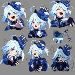  ascot asymmetrical_gloves black_ascot black_gloves blue_gemstone blue_hair blue_headwear blue_jacket brooch cowlick crying drop-shaped_pupils expressions furina_(genshin_impact) gem genshin_impact gloves hat highres hydro_symbol_(genshin_impact) jacket jewelry kitsunebi_v3kokonn laughing light_blue_hair mismatched_gloves top_hat white_gloves 