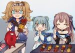  3girls abyssal_ship alternate_costume ane_hoshimaru black_jacket blonde_hair blue_hair blue_scarf breasts brown_eyes brown_hair commentary_request double_bun enemy_lifebuoy_(kancolle) food gambier_bay_(kancolle) grey_shorts grill hair_bun hairband jacket johnston_(kancolle) kantai_collection kebab large_breasts letterman_jacket little_blue_whale_(kancolle) long_hair multiple_girls ok_sign samuel_b._roberts_(kancolle) scarf shirt short_hair shorts tongs twintails two_side_up whale white_shirt 