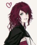  1girl d.k devola english_commentary green_eyes medium_hair messy_hair mixed-language_commentary nier nier_(series) portrait red_hair simple_background sketch smile solo teeth upper_body white_background 