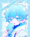 1boy 8ra_jelly absurdres ahoge blue_eyes blue_hair blue_theme chongyun_(genshin_impact) colored_eyelashes cryo_symbol_(genshin_impact) food genshin_impact highres holding holding_food jacket long_hair looking_at_viewer open_mouth popsicle rope snowflakes solo talisman white_jacket 