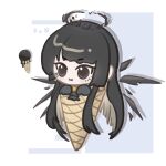  1girl :3 arknights ascot black_ascot black_eyes black_gloves black_hair black_halo black_wings blunt_bangs blush broken_halo chibi chinese_commentary commentary_request dark_halo detached_wings energy_wings food full_body gloves halo highres hime_cut holding holding_ice_cream_cone ice_cream ice_cream_cone long_hair longqi mole mole_under_eye sidelocks simple_background smile solo very_long_hair virtuosa_(arknights) white_background wings 