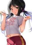  1girl black_hair blush bow breasts brown_eyes cowboy_shot dot_nose hair_bow hands_up holding holding_hair idolmaster idolmaster_cinderella_girls idolmaster_cinderella_girls_starlight_stage long_hair looking_at_viewer low_twintails medium_breasts midriff_peek nakano_yuka navel open_mouth orihi_chihiro pants print_shirt purple_bow red_pants shirt short_sleeves simple_background smile solo standing track_pants twintails white_background white_shirt 