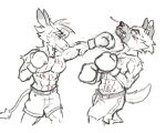 abs aggretsuko anthro asinus black_and_white blood bodily_fluids boxing boxing_gloves clothed clothing donkey duo equid equine fight haida_(aggretsuko) handwear hyena male mammal monochrome muscular muscular_male pecs sanrio sport tadano_(aggretsuko) topless v1p3rw01f 
