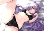  1girl black_bra black_panties bow bow_bra bra breasts breasts_apart cameltoe cone_hair_bun genshin_impact hair_bun hair_ears highres keqing_(genshin_impact) kuro_(be_ok) lace lace_bra lace_panties long_hair looking_at_viewer lying medium_breasts navel on_back panties purple_eyes purple_hair solo twintails underwear 