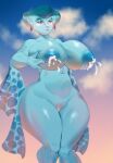  absurd_res anthro big_breasts blue_body blue_skin bodily_fluids breast_milking breasts curvaceous curvy_figure ear_piercing ear_ring felicer female genitals hi_res holding_breast huge_breasts lactating milk nintendo ocarina_of_time piercing princess_ruto pussy ring_piercing solo the_legend_of_zelda thick_thighs voluptuous wide_hips 