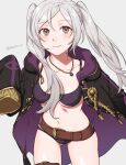  1girl belt bikini black_bikini black_coat blush breasts brown_belt coat commentary cowboy_shot fire_emblem fire_emblem_awakening grey_background grey_hair highres jewelry large_breasts long_sleeves navel necklace open_clothes open_coat peach11_01 robin_(female)_(fire_emblem) robin_(fire_emblem) simple_background sleeves_past_fingers sleeves_past_wrists solo standing stomach swimsuit thighs twintails 
