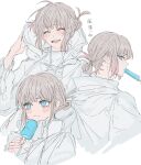  1boy absurdres blue_eyes blush blush_stickers closed_mouth coat eyelashes fate/grand_order fate_(series) food food_in_mouth frown grey_hair happy highres holding holding_food holding_popsicle hooded_coat male_focus oberon_(fate) open_mouth popsicle popsicle_in_mouth short_hair short_ponytail teeth translation_request upper_teeth_only variations white_coat yurumawari 