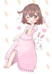  1girl ;o animal_ears barefoot blush brown_hair carrot_background dress flat_chest floppy_ears full_body hand_up heart highres inaba_tewi one_eye_closed open_mouth petite pink_dress puffy_short_sleeves puffy_sleeves rabbit_ears rabbit_tail short_hair short_sleeves solo tail tewiyu touhou 