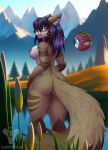  absurd_res anthro areola big_breasts big_butt black_body black_fur breasts butt canid canine canis cattail_(plant) clothing destiny_(video_game) destiny_2 detailed_background digital_media_(artwork) female fox fur genitals ghost_(destiny) grass hair hi_res kyla_gray_(zardoseus) l-i-t-t-l-e_f-i-r-e mammal mountain nipples nude outside panties plant pond portrait purple_eyes sky smile solo swimwear tail thick_thighs tree underwear valley water white_body white_fur zardoseus 
