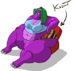  2008 anthro belly bertha_(kazecat) big_belly big_breasts big_butt breasts brown_eyes butt butt_crush clothing common_hippopotamus female furniture green_hair hair hazard_stripes hippopotamid huge_belly huge_butt kazecat kazecat_(character) larger_female long_hair male male/female mammal navel obese obese_anthro obese_female overweight overweight_anthro overweight_female paws purple_body simple_background sitting sitting_on_another size_difference smaller_female text thick_thighs topwear underwear white_background 