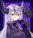  1girl :&lt; ascot black_horns braid braided_bangs coat coat_dress collar crow_(la+_darknesss) demon_horns grey_hair highres hololive horns la+_darknesss la+_darknesss_(1st_costume) long_hair looking_at_viewer metal_collar multicolored_hair pi_tayuko pointy_ears purple_coat purple_hair sleeves_past_fingers sleeves_past_wrists solo streaked_hair striped_horns virtual_youtuber yellow_ascot yellow_eyes 