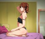  1girl arm_up ass barefoot bed bedroom black_camisole black_panties breasts brown_hair camisole from_side full_body hibike!_euphonium highres legs on_bed oumae_kumiko panties pillow sbel02 seiza sitting small_breasts solo strap_slip thighs underwear yellow_eyes 