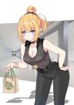  1girl bag black_pants black_shirt blonde_hair bracelet breasts chloe_(princess_connect!) cleavage collared_shirt highres holding holding_bag jewelry leaning_forward long_hair maxwelzy necklace pants paper_bag pointy_ears ponytail princess_connect! purple_eyes shadow shirt shirt_tucked_in sleeveless sleeveless_shirt solo 