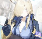  1girl animal_ear_fluff armband black_gloves blonde_hair blue_archive blue_armband blue_eyes blue_jacket blue_necktie blue_shirt book bookshelf breasts cleavage coffee_mug collared_shirt commentary_request cup dress_shirt extra_ears fangs gloves hair_over_one_eye halo highres holding holding_cup jacket kanna_(blue_archive) large_breasts long_hair looking_at_viewer mug necktie open_mouth paper partially_unbuttoned police police_badge police_uniform policewoman sharp_teeth shirt smoke solo teeth uniform very_long_hair yanyo_(ogino_atsuki) 