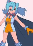  1girl :o alternate_color aqua_hair bodysuit boots breasts cape clair_(pokemon) commentary_request eyelashes floating_hair gloves hair_between_eyes highres knee_boots long_hair open_mouth orange_gemstone orange_gloves pokemon pokemon_(game) pokemon_masters_ex ponytail solo tyako_089 white_background 
