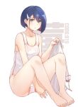  1girl absurdres asymmetrical_hair barefoot between_legs blue_hair blunt_ends blush bob_cut breasts character_name chinese_commentary cleavage collarbone commentary darling_in_the_franxx dress feet full_body green_eyes hair_between_eyes hair_ornament hairclip hand_between_legs hand_up highres holding holding_clothes holding_dress ichigo_(darling_in_the_franxx) inverted_bob knees_up legs looking_at_viewer luojiwei one-piece_swimsuit parted_lips school_swimsuit short_hair sitting small_breasts solo sundress swept_bangs swimsuit toe_scrunch toenails toes translated unworn_dress white_background white_dress white_one-piece_swimsuit 