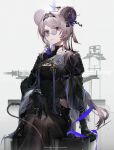  1girl animal_ears arknights belt black_gloves black_jacket breasts cleavage_cutout closed_mouth clothing_cutout english_text feet_out_of_frame gloves grey_hair hair_intakes hair_ornament hairband hairpin highres jacket lin_(arknights) long_hair long_sleeves looking_at_viewer pince-nez purple_eyes shuiyaoximushi slit_pupils small_breasts solo tail 