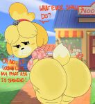  2023 animal_crossing anthro bedroom_eyes bent_over big_breasts big_butt black_nose blue_sky blush bodily_fluids bottomless breasts bubble_butt butt butt_grab canid canine canis clothed clothing cloud dialogue domestic_dog english_text eyelashes female fur genitals grass hair half-closed_eyes hand_on_butt hi_res huge_butt imminent_sex inviting isabelle_(animal_crossing) looking_at_viewer looking_back mammal narrowed_eyes nintendo partially_clothed plant presenting presenting_hindquarters public pussy rear_view seductive shadow shih_tzu sky solo standing sweat sweaty_butt text theslashfive thick_thighs toy_dog tree wide_hips yellow_body yellow_fur 