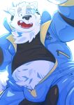  alternatehef anthro belly belly_tuft blush bulge canid canine canis clothing domestic_dog fur hi_res jumpsuit lifewonders live_a_hero male mammal nordic_sled_dog open_jumpsuit samoyed scouter shirt solo spitz superhero t-shirt topwear tuft white_body white_fur yohack 