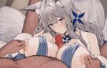  1boy 1girl animal_ear_fluff animal_ears azur_lane bare_shoulders blue_eyes breasts censored fox_ears fox_girl fox_tail grey_hair hair_ornament hetero huge_breasts kon_futoshi large_breasts long_hair looking_at_viewer mosaic_censoring nipple_tweak nipples paizuri penis shinano_(azur_lane) solo_focus tail very_long_hair 