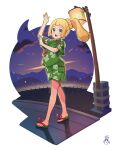  1girl :d alternate_costume arm_up blonde_hair blunt_bangs border braid cloud commentary_request eyelashes full_body green_eyes green_shirt green_shorts hand_up highres kinocopro lillie_(pokemon) night open_mouth outdoors pokemon pokemon_(game) pokemon_sm pokemon_sv ponytail sandals shirt shorts side_slit side_slit_shorts sky smile solo standing toes white_border 