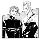  2boys cheekbones clenched_teeth earrings flattop gakuran greyscale hage_tashuumi halftone jean_pierre_polnareff jewelry jojo_no_kimyou_na_bouken kakyoin_noriaki male_focus monochrome multiple_boys school_uniform stardust_crusaders sweatdrop teeth 