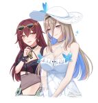  2girls :d aponia_(honkai_impact) bare_shoulders blue_eyes breasts brown_hair cleavage closed_mouth collarbone cropped_torso dress earrings eden_(honkai_impact) eyewear_on_head half-closed_eyes hat highres honkai_(series) honkai_impact_3rd jewelry komitaki large_breasts long_hair mole mole_under_eye multiple_girls open_mouth simple_background smile sun_hat sundress sunglasses swimsuit upper_body white_background yellow_eyes 