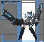  1girl absurdres ahoge armor blue_eyes blue_hair cirno commentary daniel_w.j. dual_wielding energy_gun english_commentary faulds flat_chest full_body grey_leotard grin highres holding huge_weapon leotard mecha_musume mechanical_arms mechanical_wings neon_trim oversized_forearms oversized_limbs short_hair signature smile solo touhou weapon wings zoom_layer 