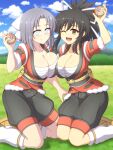  2girls alternate_costume asuka_(senran_kagura) asymmetrical_docking black_hair black_pants blue_eyes blue_sky blush bow breast_press breasts brown_eyes budget_sarashi chest_sarashi cleavage closed_mouth cloud collarbone cosplay crossover day field forest fur_trim grass grey_hair hair_bow hair_ribbon happi holding holding_poke_ball japanese_clothes kneehighs kneeling large_breasts looking_at_viewer loose_socks low_neckline mountain mountainous_horizon multiple_girls nature obi one_eye_closed open_mouth outdoors pants plant poke_ball poke_ball_(legends) pokemon pokemon_(game) pokemon_legends:_arceus ponytail red_shirt ribbon sandals sarashi sash senran_kagura senran_kagura_shinovi_versus senran_kagura_shoujo-tachi_no_shin&#039;ei shirt short_hair short_ponytail short_sleeves sidelocks sky smile socks striped striped_bow teeth tongue upper_teeth_only white_bow white_ribbon white_socks yumi_(senran_kagura) zetsumu 