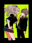  1boy 1girl aemono_(lemolemo_lmn) ahoge black_border black_jacket black_pants border breasts brown_hair danganronpa:_trigger_happy_havoc danganronpa_(series) enoshima_junko eye_contact green_hoodie grin hand_on_own_hip highres hood hood_down hoodie jacket large_breasts long_hair looking_at_another miniskirt naegi_makoto open_clothes open_jacket pants parted_lips pleated_skirt red_skirt short_hair skirt smile teeth twintails yellow_background 