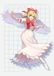  1girl absurdres angel_wings blonde_hair bow dress feathered_wings gengetsu_(touhou) grid guumin hair_bow highres juliet_sleeves long_sleeves lotus_land_story no_shoes puffy_sleeves red_bow short_hair smile socks solo suspenders touhou touhou_(pc-98) warped white_socks white_wings wings 