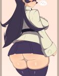  1girl absurdres ass black_hair black_thighhighs blush breast_pocket breasts clenched_hand collared_shirt cowboy_shot filia_(skullgirls) from_behind gradient_background head_out_of_frame highres long_hair long_sleeves medium_breasts microskirt nervous panties pantyshot pocket profile school_uniform shirt shnibbles skindentation skirt skullgirls solo speech_bubble spoken_blush thick_thighs thighhighs thighs tight_clothes tight_shirt underwear 