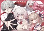  1boy 2girls balloon black_jacket blonde_hair cardigan earrings grey_hair grin hair_ornament hairclip highres jacket jewelry kuzuha_(1st_costume)_(nijisanji) kuzuha_(nijisanji) low_twintails makaino_ririmu makaino_ririmu_(4th_costume) mole mole_under_eye multicolored_hair multiple_girls neko_tengoku nijisanji one_eye_closed pink_eyes pink_hair pointy_ears red_eyes shiina_yuika shiina_yuika_(1st_costume) smile streaked_hair track_jacket twintails virtual_youtuber yellow_cardigan 