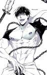  1boy abs bara chain collarbone commentary fingernails fushiguro_touji highres jujutsu_kaisen large_pectorals male_focus mature_male monochrome muscular muscular_male navel nipples pectorals scar scar_on_face scar_on_mouth shirt short_hair solo sword tongue tongue_out tsaosu0607 veins weapon 