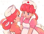  2girls :d apron blue_eyes blush_stickers commentary_request dress eye_contact eyelashes hair_rings hat joy_(pokemon) long_hair looking_at_another multiple_girls nurse nurse_cap open_mouth pink_dress plus_sign pokemon pokemon_(anime) short_sleeves simple_background smile white_apron white_background white_headwear yajuuraku 