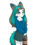  anthro blue_clothing blue_eyes blue_sweater blue_topwear bottomwear canid canine clothing fan_character female fox grey_bottomwear grey_clothing grey_skirt hair hi_res legwear long_hair mammal mischa skirt solo stockings sweater tail tanatos_aaa topwear 