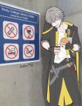  1boy artist_name baba19h black_coat black_gloves black_pants burger caelus_(honkai:_star_rail) cellphone cigarette closed_eyes coat commentary cradling_phone cup drinking_glass fingerless_gloves food gloves grey_hair highres holding holding_cup holding_food honkai:_star_rail honkai_(series) ireland male_focus meme open_clothes open_coat pants phone photo-referenced real_world_location red_wine shirt smoking talking_on_phone trailblazer_(honkai:_star_rail) trinity_college_library_dublin white_shirt wine_glass yellow_trim 