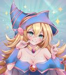  1girl absurdres artist_name bare_shoulders blonde_hair blue_dress blush breasts cleavage collarbone dark_magician_girl dress english_commentary green_eyes hat highres large_breasts long_hair looking_at_viewer off-shoulder_dress off_shoulder solo star_(symbol) tomugii upper_body very_long_hair watermark witch witch_hat yu-gi-oh! 