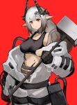  1girl arknights black_gloves black_hair black_sports_bra breasts commentary cowboy_shot demon_horns gloves gradient_hair grey_hair hair_ornament hammer highres holding holding_hammer horns infection_monitor_(arknights) jumpsuit large_breasts light_frown long_hair mudrock_(arknights) mudrock_(elite_ii)_(arknights) multicolored_hair oripathy_lesion_(arknights) parted_lips pointy_ears red_background red_eyes ruyu_(txzy22) sidelocks simple_background solo sports_bra walkie-talkie white_jumpsuit 