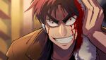  1boy absurdres blood blood_on_face blurry blurry_background bright_pupils brown_hair brown_jacket commentary_request grin highres holding_rag inudori itou_kaiji jacket kaiji long_hair looking_at_viewer male_focus medium_bangs red_eyes smile solo upper_body v-shaped_eyebrows white_pupils 