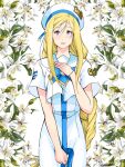  1girl absurdres alicia_florence andanden aria aria_company_uniform beret blonde_hair blue_bow blue_bowtie blue_ribbon blush bow bowtie braid cowboy_shot floral_background flower gold_trim hair_between_eyes hand_on_own_chest hand_up hat hat_ribbon highres lily_(flower) long_hair looking_at_viewer open_mouth parted_bangs purple_eyes ribbon short_sleeves signature solo swept_bangs undine_(aria) white_flower white_headwear 