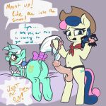  absurd_res anus blush bonbon_(mlp) clothing cowboy_hat dialogue dildo equid equine female female/female feral friendship_is_magic hasbro hat headgear headwear hi_res horn lyra_heartstrings_(mlp) mammal my_little_pony sex_toy strapon t72b unicorn 