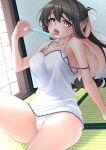  1girl absurdres breasts camisole commentary_request cowboy_shot fang food half_updo highres kantai_collection large_breasts looking_at_viewer makura_(y_makura) naganami_(kancolle) panties popsicle ribbon solo tatami tongue tongue_out underwear white_camisole white_panties white_ribbon 