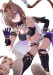  1girl animal_ears bare_shoulders blue_eyes breasts brown_hair cat cat_ears cat_girl cat_tail cleavage fang gloves hand_on_own_hip highres honkai_(series) honkai_impact_3rd kanaami one_eye_closed pardofelis_(honkai_impact) paw_pose paw_print_soles purple_gloves simple_background skin_fang slit_pupils smile solo tail white_background 