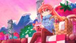  1girl :3 basket bird blanket blue_coat blush_stickers celeste_(video_game) closed_mouth coat day flower food fruit fuwamoko_momen_toufu highres long_hair long_sleeves looking_at_viewer madeline_(celeste) mountain outdoors pants picnic_basket pillar red_eyes red_hair red_pants sitting smile solo strawberry 