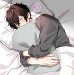  1boy black_sweater blanket brown_hair given highres male_focus motion_lines murata_ugetsu object_hug pillow pillow_hug pinoli_(pinoli66) sleeping solo speech_bubble sunlight sweater translation_request 