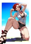  1girl armpits bare_shoulders biceps breasts crop_top cropped_shirt flexing highres large_breasts lips looking_at_viewer makeup mature_female midriff muscular muscular_female navel necktie red_eyes red_hair red_necktie sandals short_hair sleeveless smile snk solo the_king_of_fighters vanessa_(kof) yagi_(joe731842) 