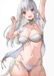  1girl arm_up au_ra bikini blunt_bangs blush breasts cleavage cowboy_shot dragon_girl dragon_horns dragon_tail final_fantasy final_fantasy_xiv front-tie_bikini_top front-tie_top grey_hair groin hand_up heterochromia highres horns long_hair looking_at_viewer medium_breasts navel open_clothes open_mouth open_shirt purple_eyes red_eyes scales simple_background solo strapless strapless_bikini swimsuit tail thighs torisanff14 warrior_of_light_(ff14) white_bikini 