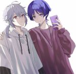  2boys alternate_costume cellphone closed_mouth genshin_impact grey_hair highres holding holding_phone hood hoodie jewelry kaedehara_kazuha long_sleeves low_ponytail male_focus multiple_boys necklace phone purple_eyes purple_hair red_eyes red_shirt scaramouche_(genshin_impact) shirt smartphone smile user_fzuz2338 white_background white_hoodie 